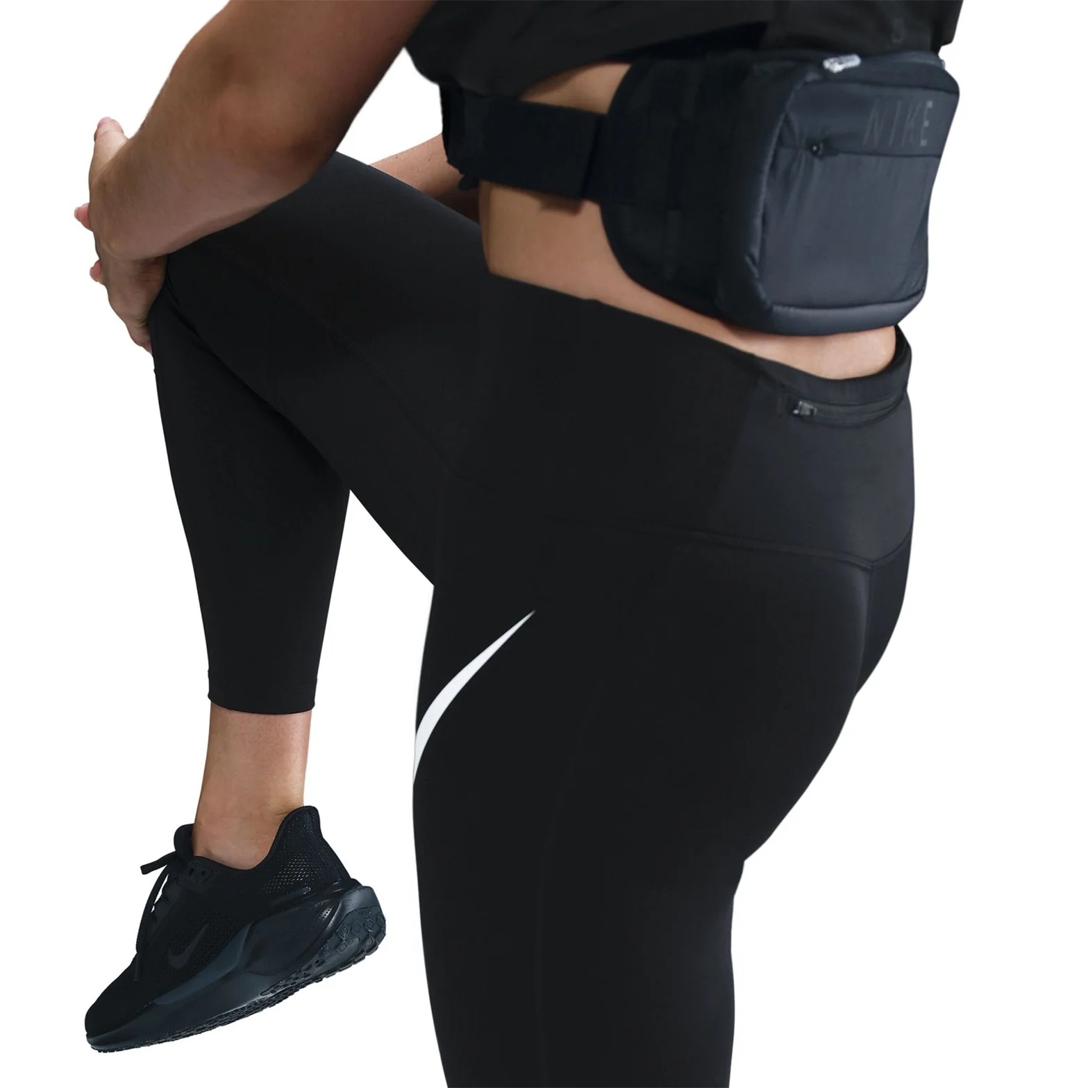 Women's Tempo Swoosh High-Waisted 7/8 Leggings Black / White - Image 2