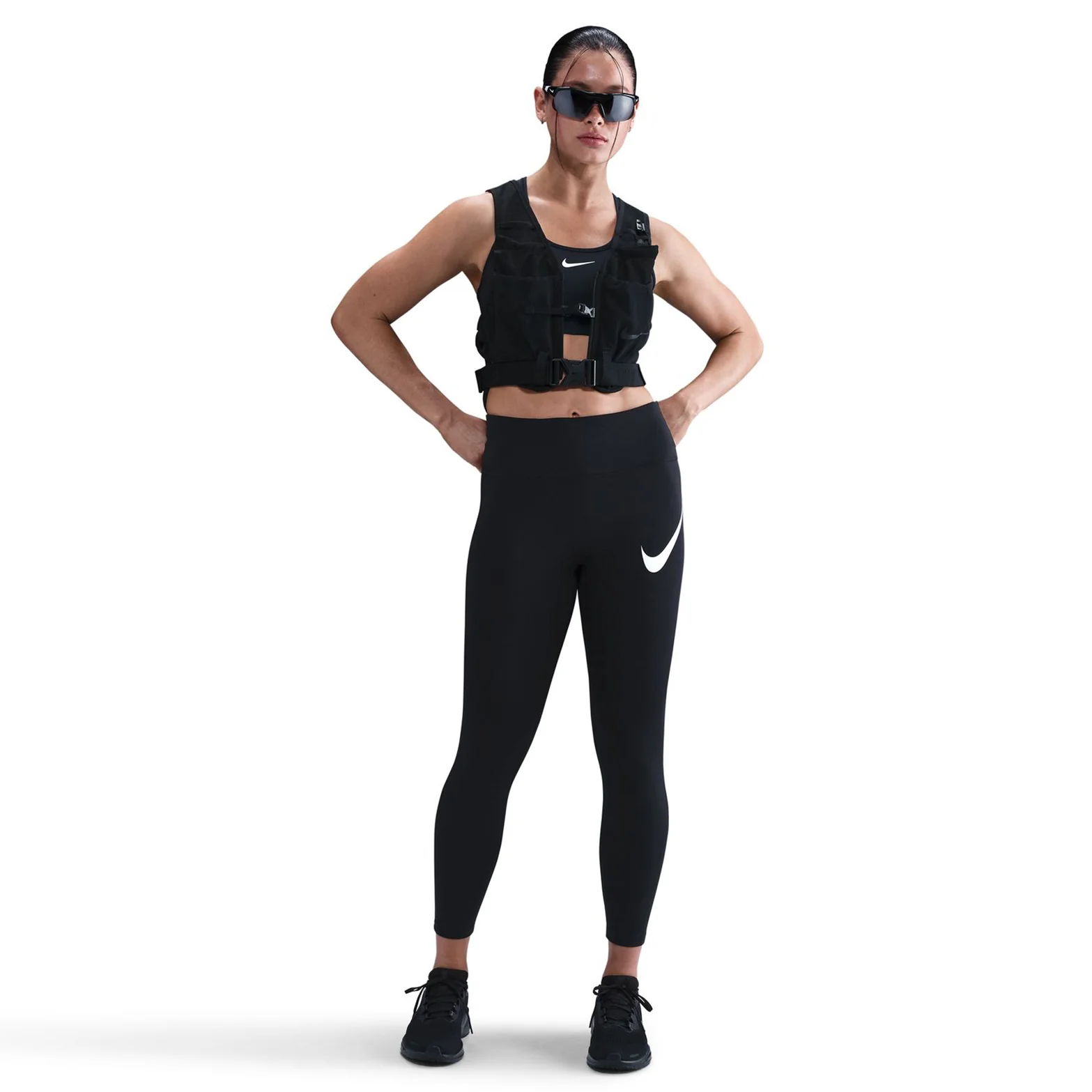 Women's Tempo Swoosh High-Waisted 7/8 Leggings Black / White - Image 4