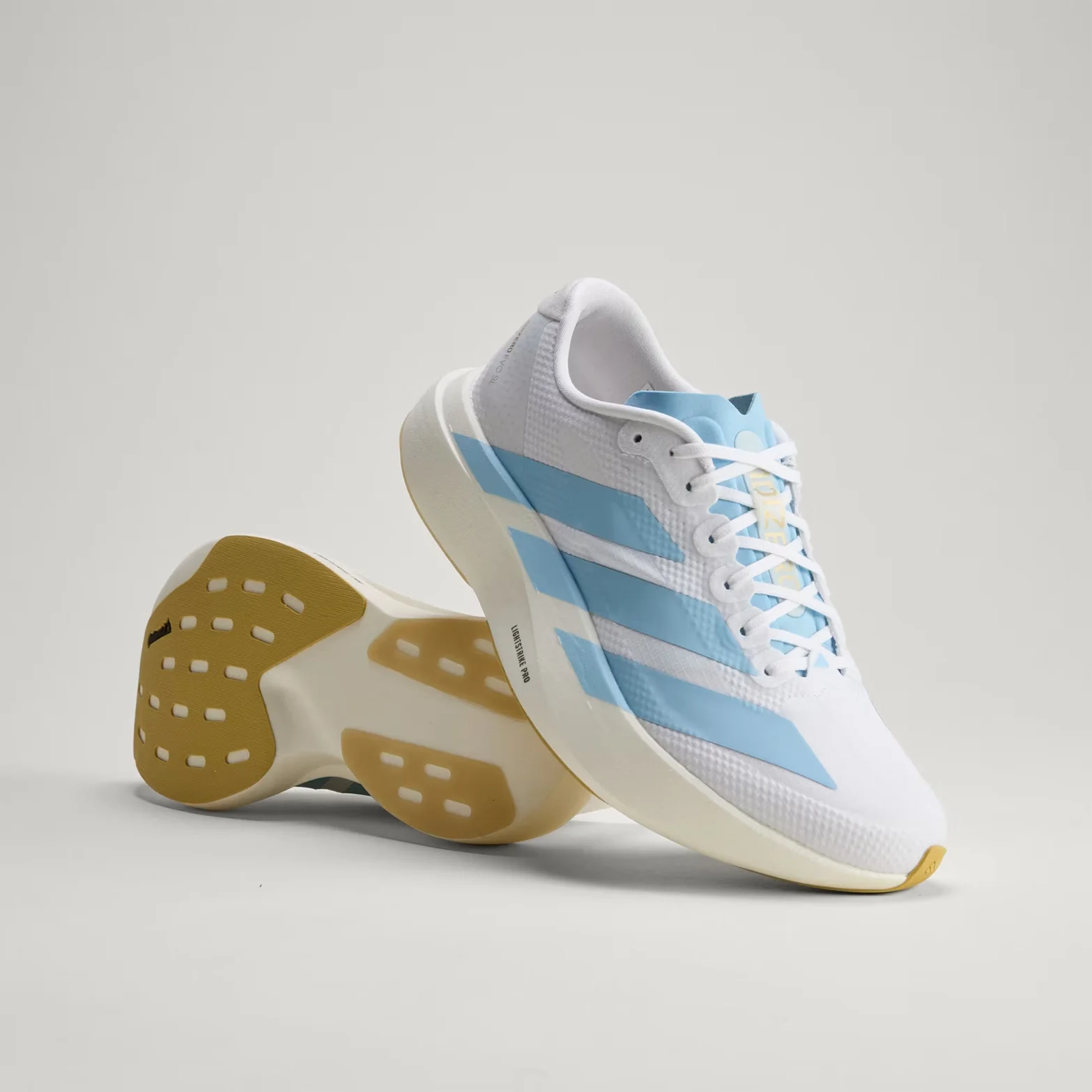 Women's Adizero EVO SL Woven Running Shoes Cloud White / Clear Blue / Matte Gold - Image 3