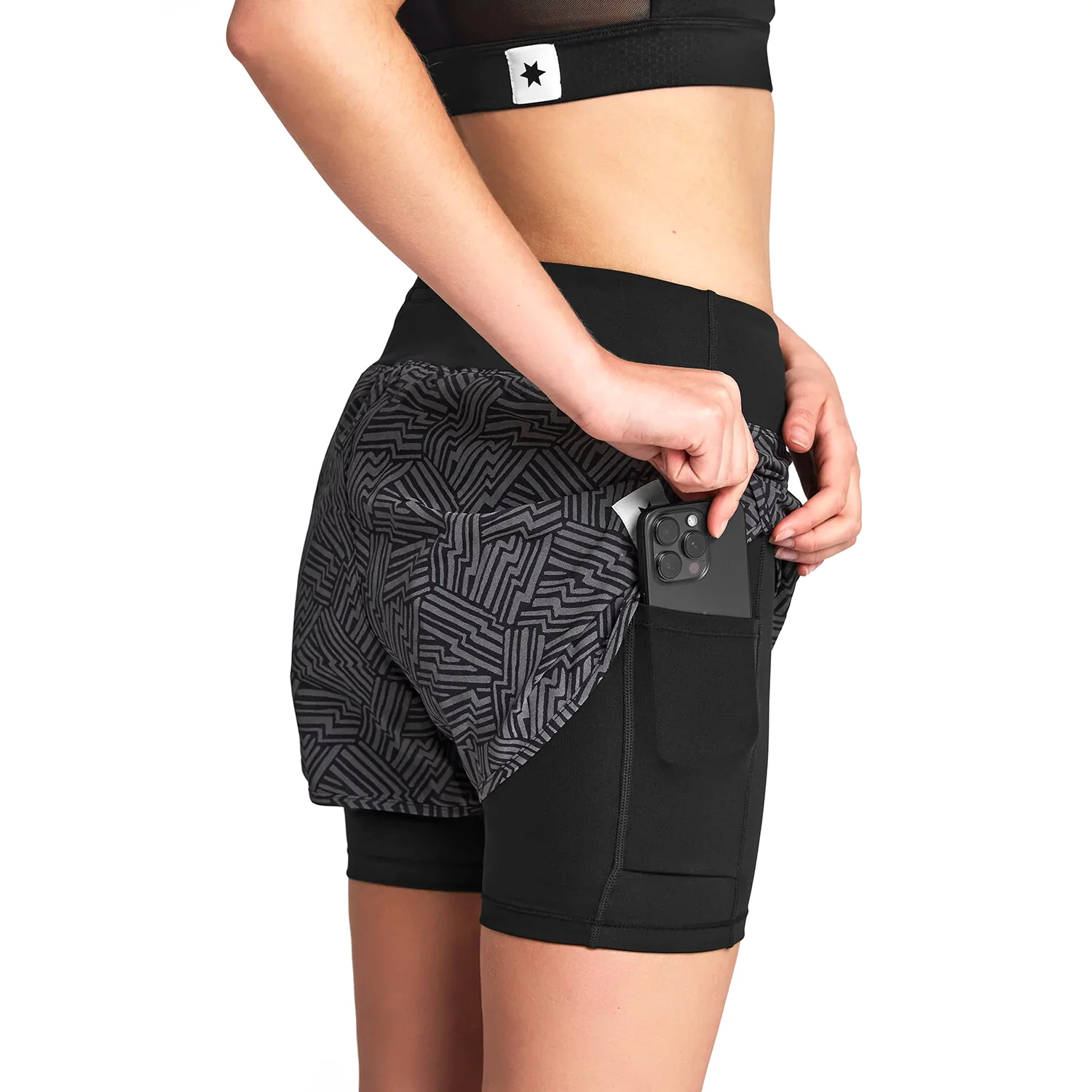 Women's Reflective 2 In 1 3 Inch Pace Shorts Black AOP - Image 2